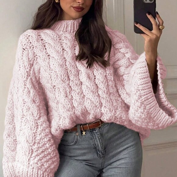 Pink Casual Women's Hemp Pattern Round Collar Wide Sleeve Long Sleeve Sweater - Picture 3 of 9